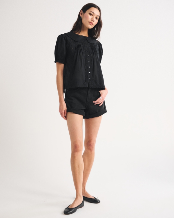 Puff-Sleeve Collared Blouse, Black view 2