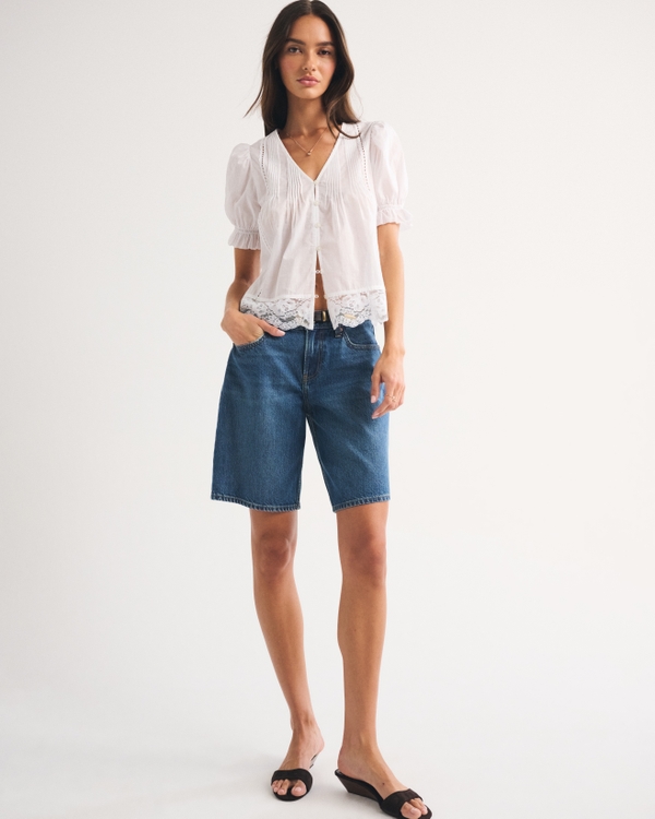 100% Cotton Lace-Trim Button-Up Blouse, White view 2