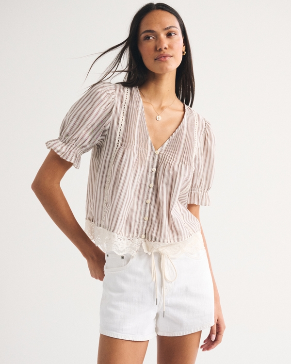 100% Cotton Lace-Trim Button-Up Blouse, Brown Stripe view 1