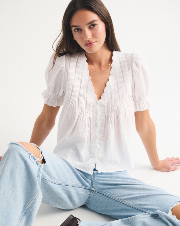 100% Cotton Pintuck Puff-Sleeve Blouse, White view 1