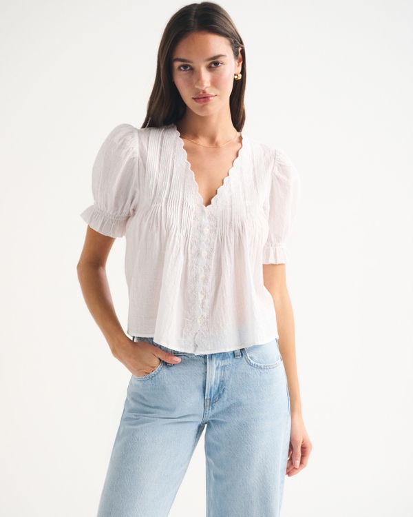 100% Cotton Pintuck Puff-Sleeve Blouse, White view 2