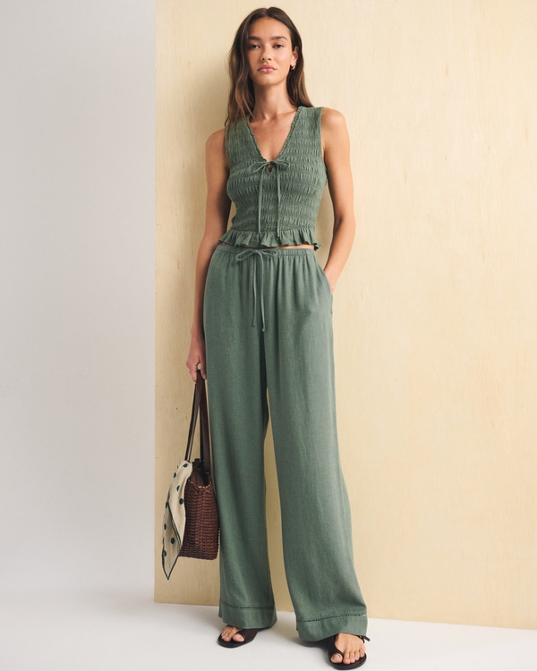 Linen-Blend Tie-Front Top, Deep Sage view 2