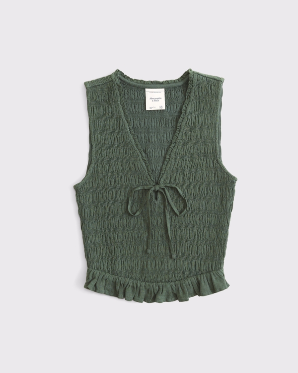 Linen-Blend Tie-Front Top, Deep Sage view 1