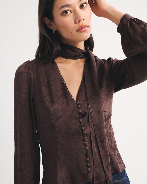 Removable Scarf V-Neck Blouse, Brown view 1