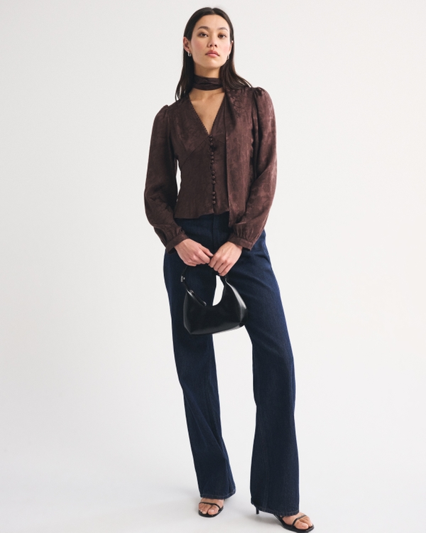 Removable Scarf V-Neck Blouse, Brown view 2