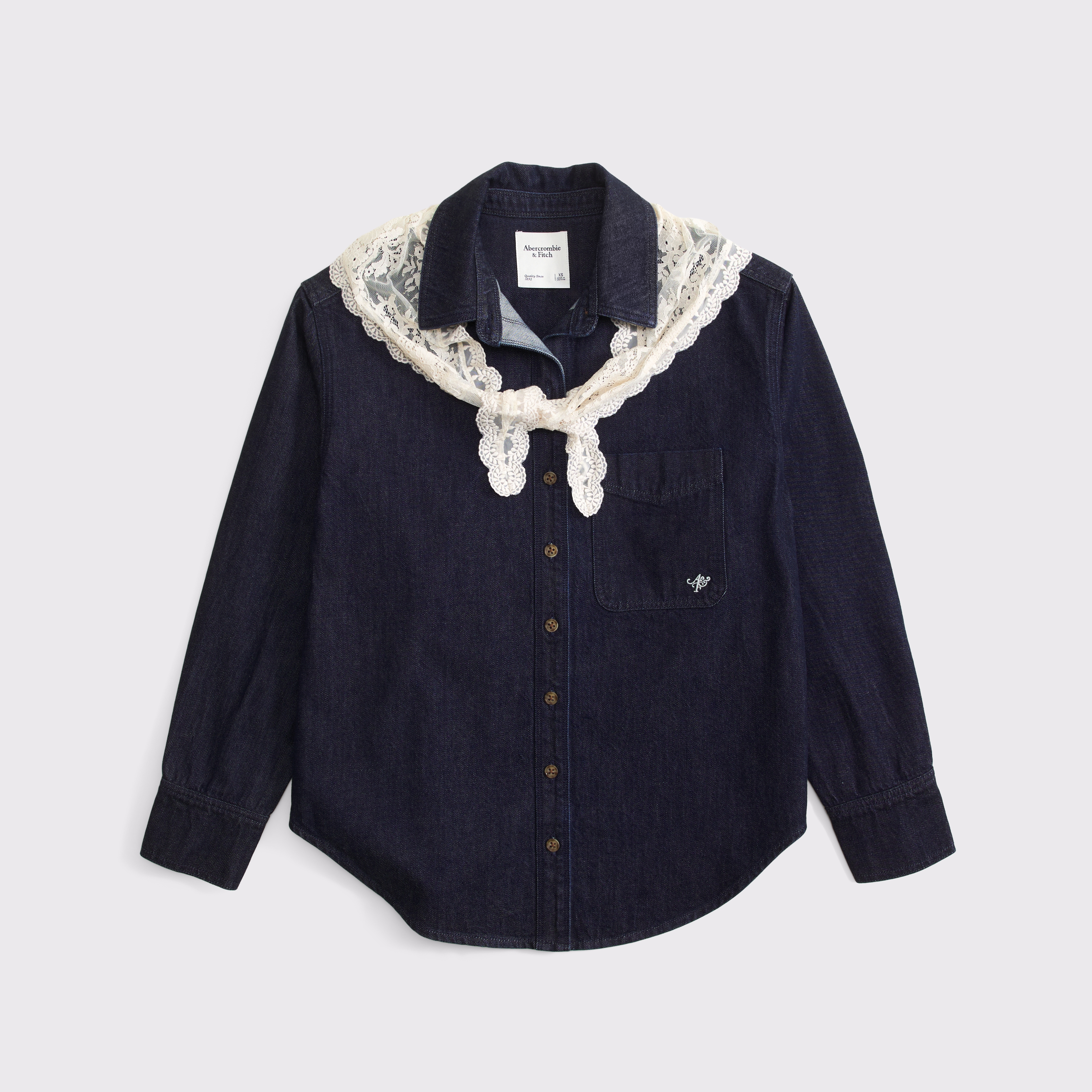 Женская рубашка Abercrombie & Fitch Removable Scarf Denim Shirt, цвет: Тёмная варка