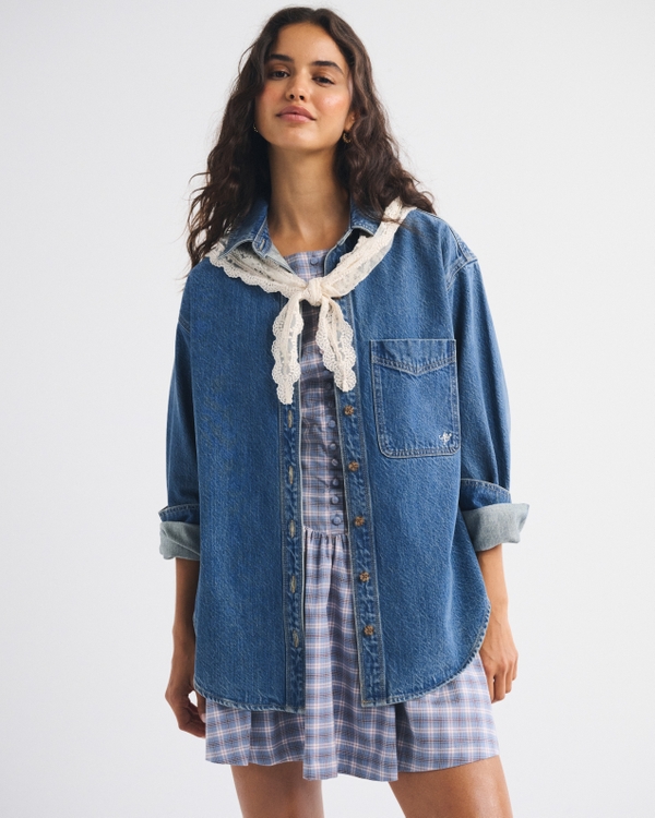 Removable Scarf Denim Shirt, Medium Wash view 1