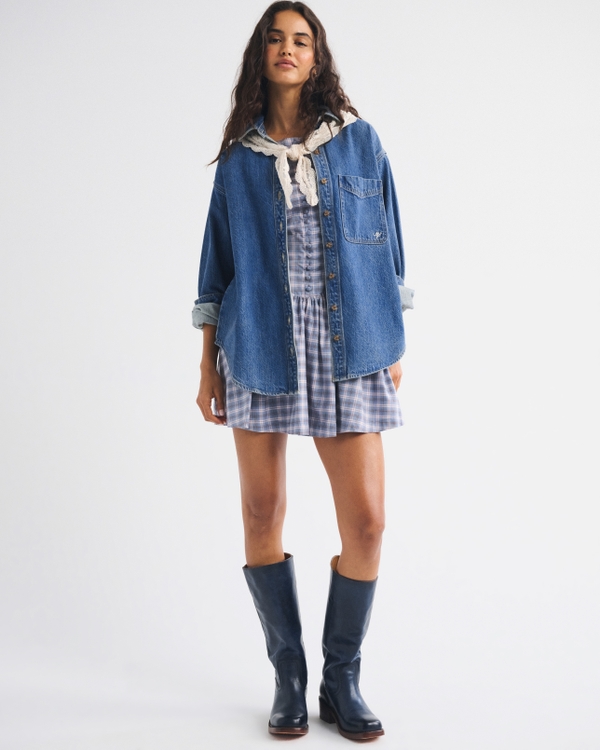 Removable Scarf Denim Shirt, Medium Wash view 2