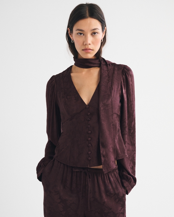 Removable Scarf Satin Jacquard Blouse