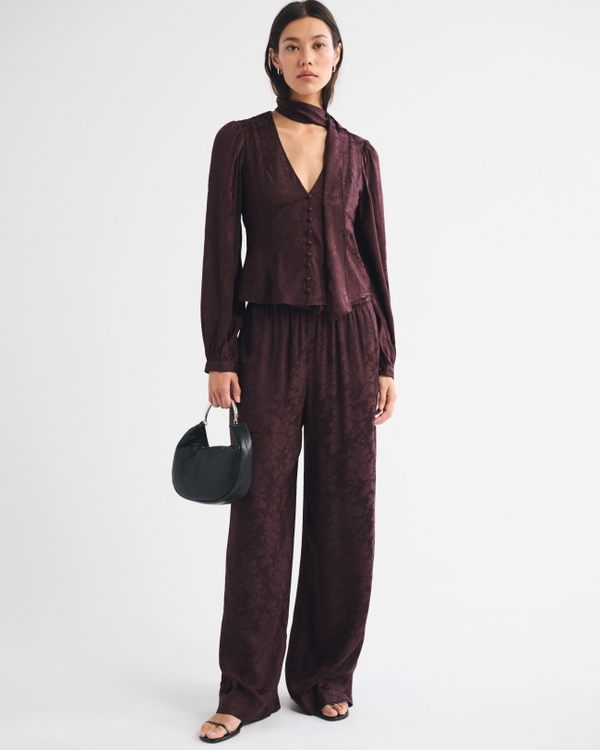 Removable Scarf Satin Jacquard Blouse, Wine Brown Jacquard view 2