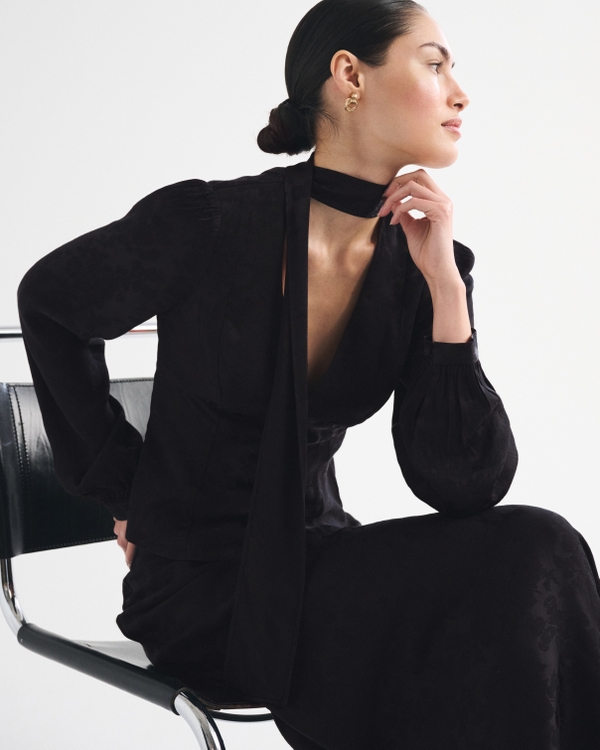 Removable Scarf Satin Jacquard Blouse