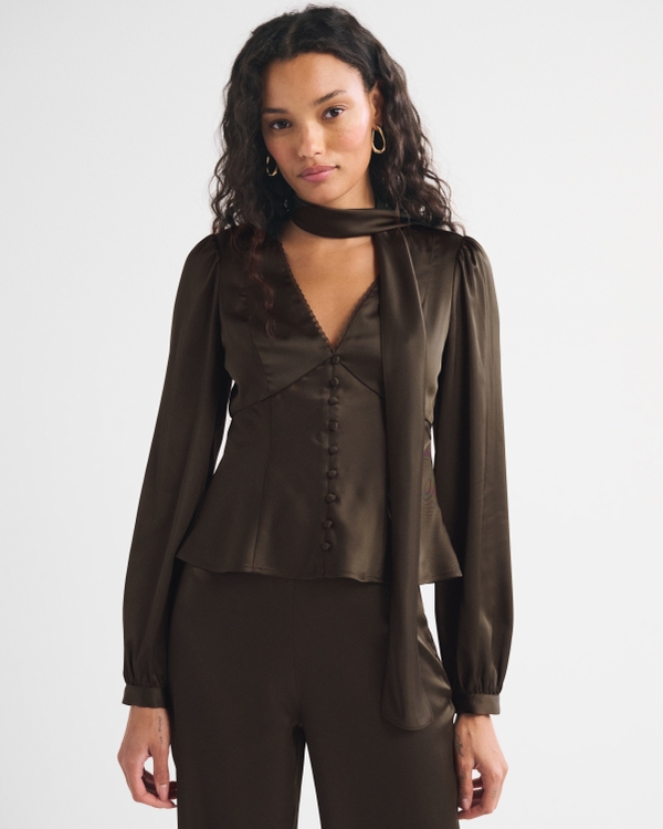 Removable Scarf Satin Blouse