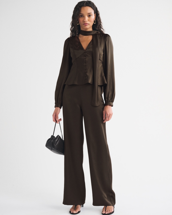Removable Scarf Satin Blouse, Dark Olive view 2