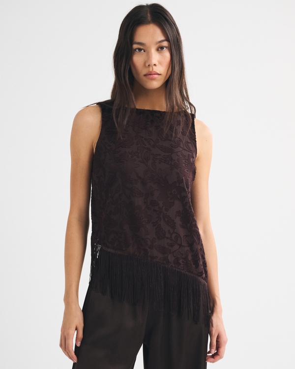 Burnout Satin Fringe Top, Dark Coffee view 1