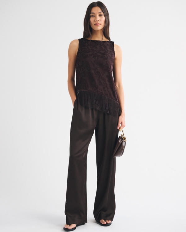 Burnout Satin Fringe Top, Dark Coffee view 2