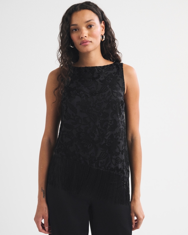 Burnout Satin Fringe Top, Black view 1