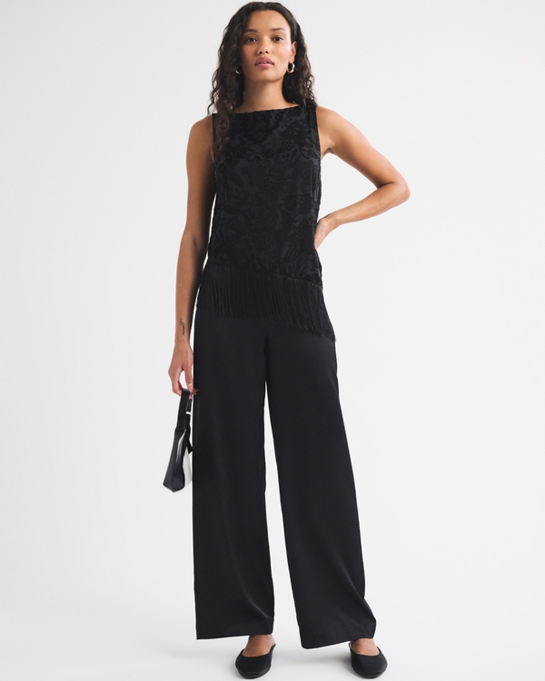 Burnout Satin Fringe Top, Black view 2