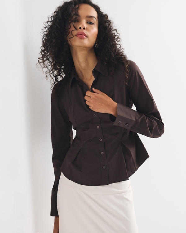 Cinched Poplin Shirt, Dark Coffee view 1
