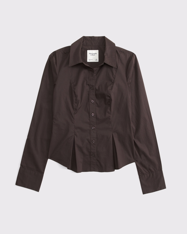 Cinched Poplin Shirt, Dark Coffee view 1