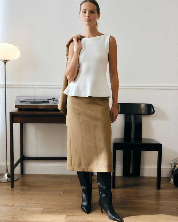 Low Rise Vegan Suede Midi Pencil Skirt, Fawn view 1