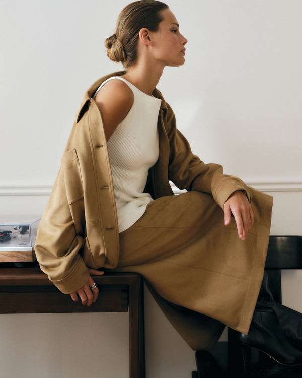 Low Rise Vegan Suede Midi Pencil Skirt, Fawn view 2