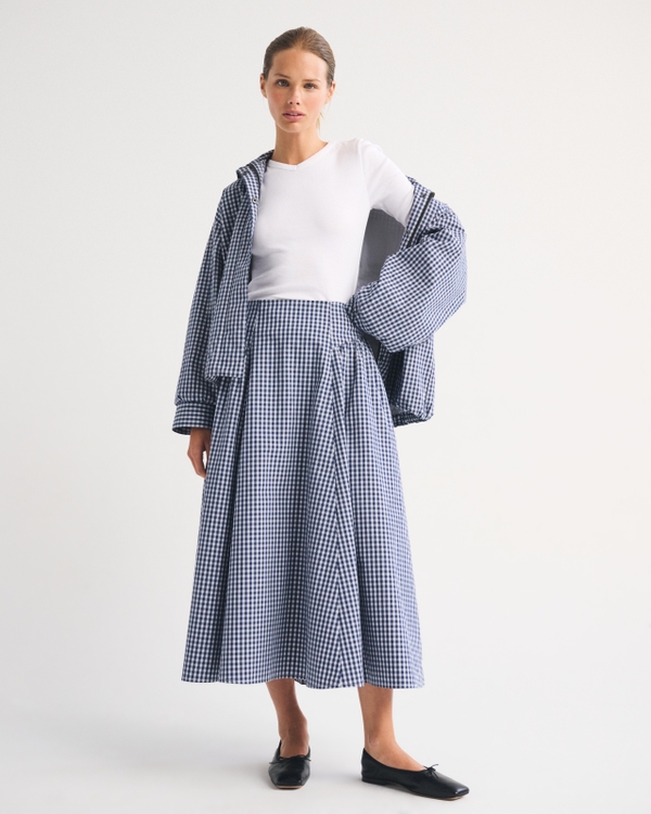 100% Cotton A&F Dylan Poplin Ultra High Rise Midi Skirt, Navy Check view 1