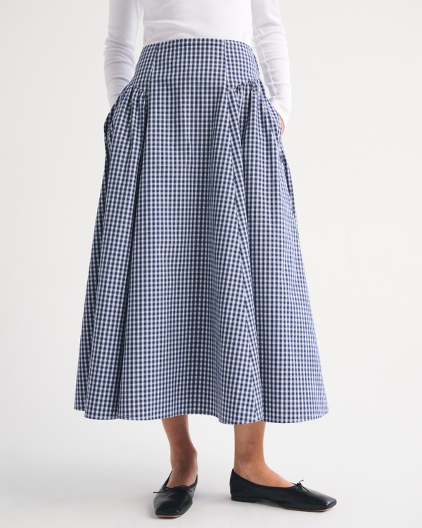 100% Cotton A&F Dylan Poplin Ultra High Rise Midi Skirt, Navy Check view 2