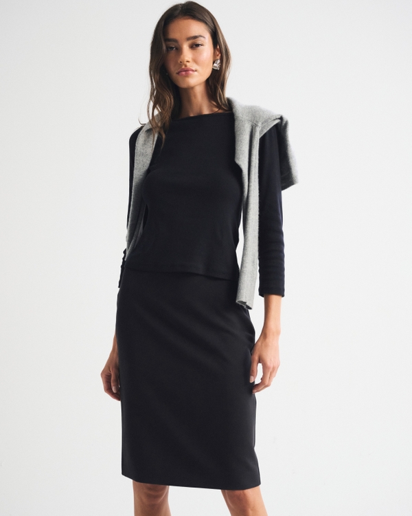 High Rise Pencil Midi Skirt, Black view 1