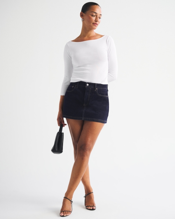 Curve Love Mid Rise 5-Pocket Denim Mini Skort, Rinse view 1