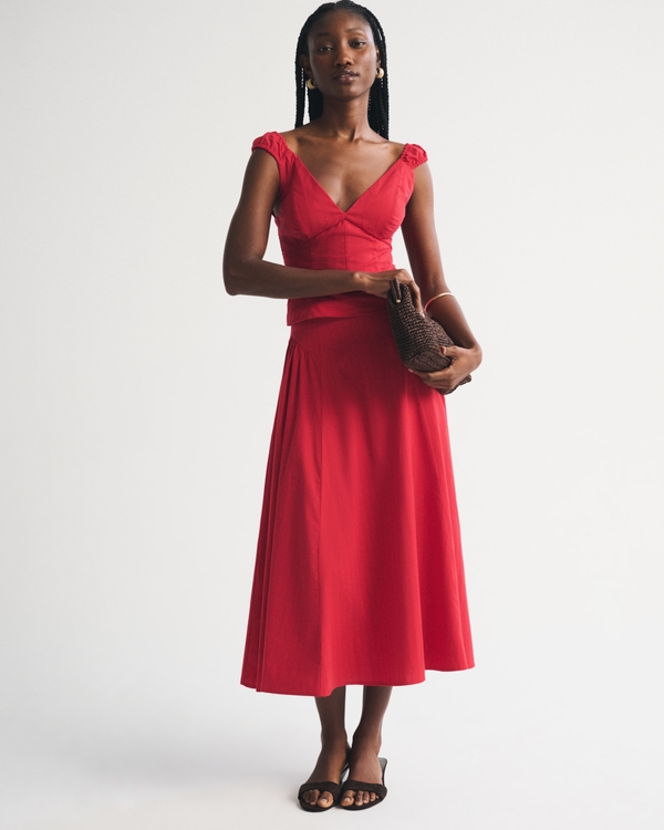 A&F Dylan Poplin Ultra High Rise Midi Skirt, Fiery Red view 1
