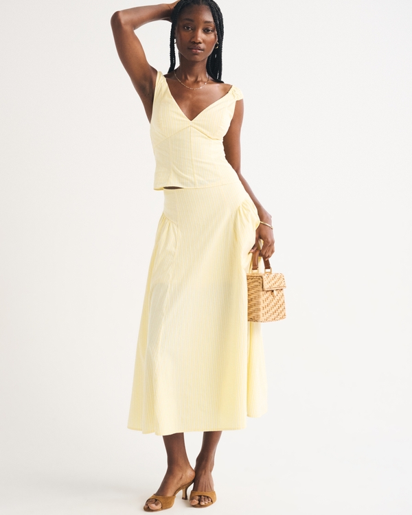 A&F Dylan Poplin Ultra High Rise Midi Skirt, Yellow Stripe view 1