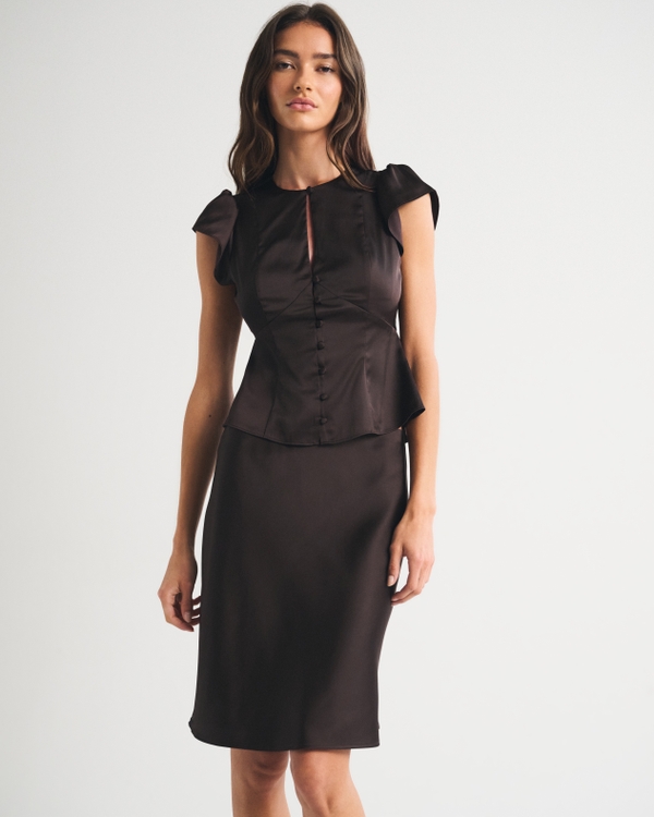 Satin Knee-Length Midi Skirt, Dark Coffee view 1