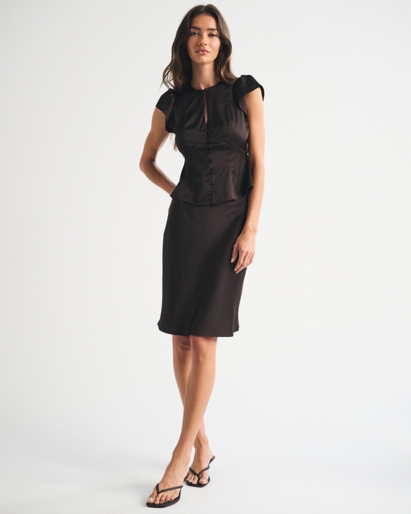 Satin Knee-Length Midi Skirt, Dark Coffee view 2