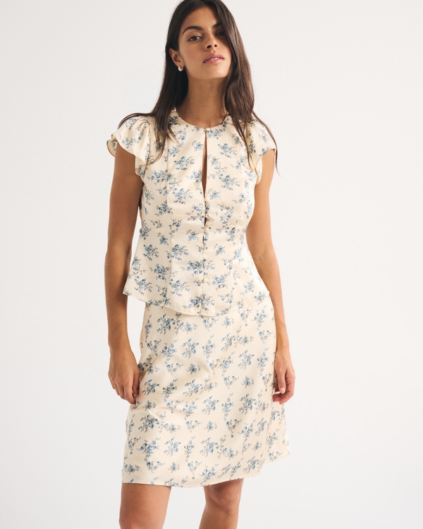 Satin Knee-Length Midi Skirt, Yellow Floral view 1