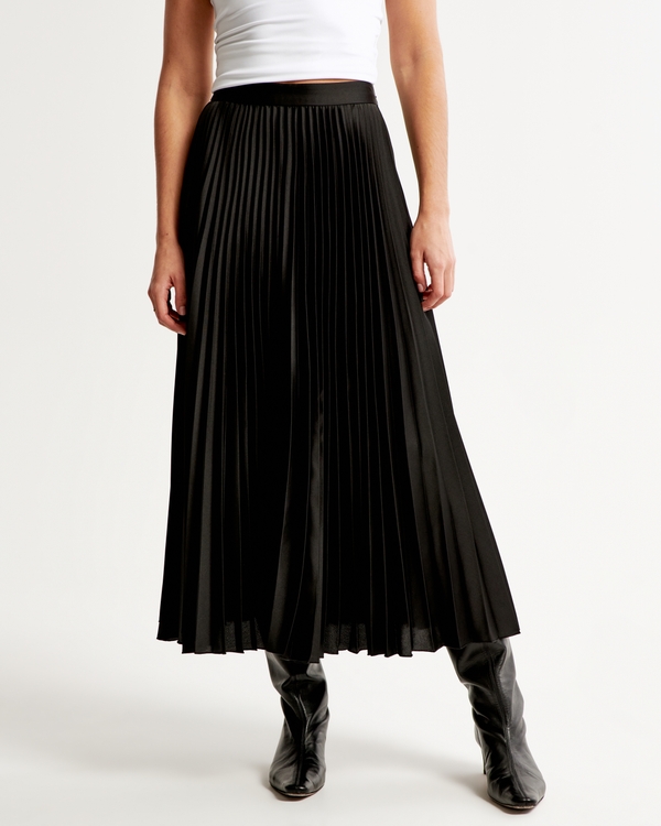 Satin Pleated Midi Skirt, Black view 2