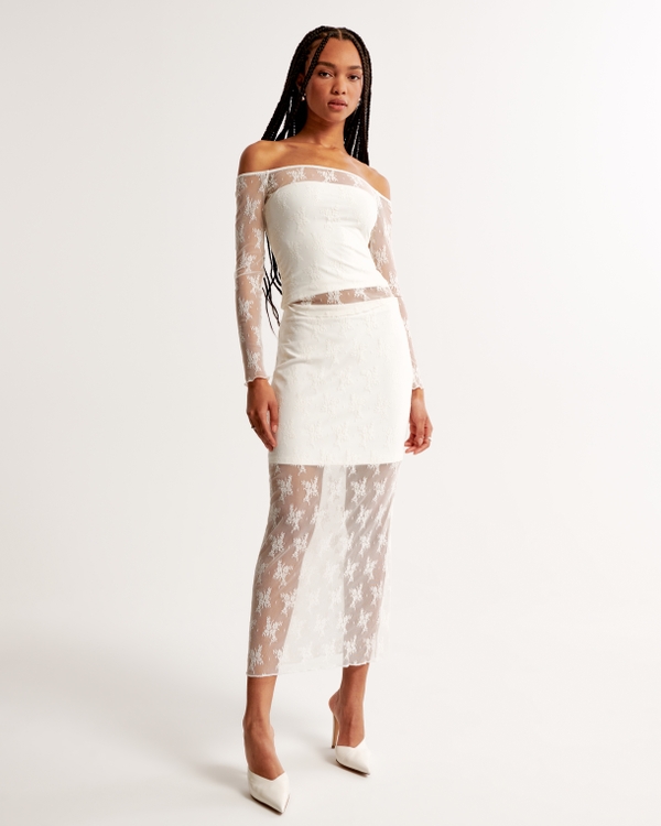 Lace Midi Skirt, White