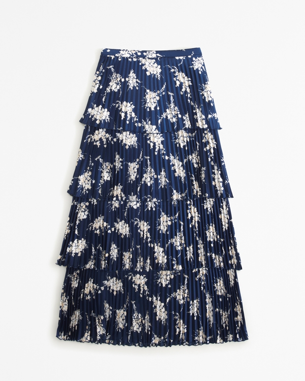 Satin Pleated Tiered Maxi Skirt, Navy Floral