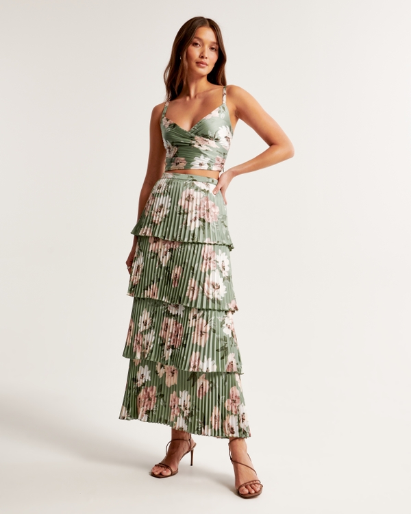 Satin Pleated Tiered Maxi Skirt, Green Floral