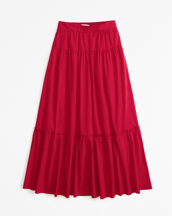 Poplin Tiered Maxi Skirt, Red