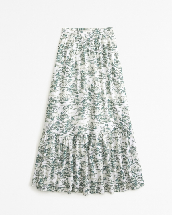 Linen-Blend Tiered Midi Skirt, Green Pattern