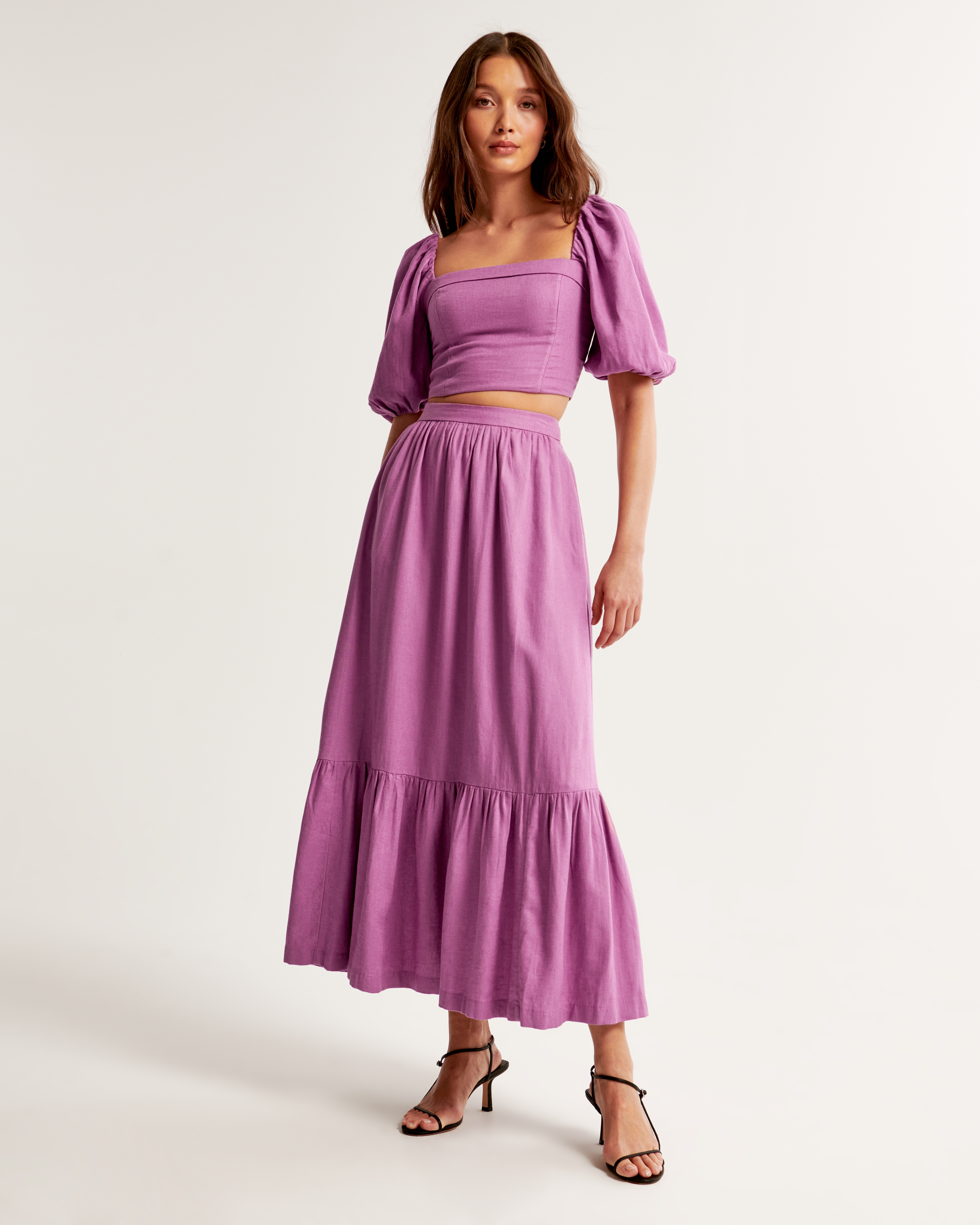 Linen-Blend Tiered Midi Skirt