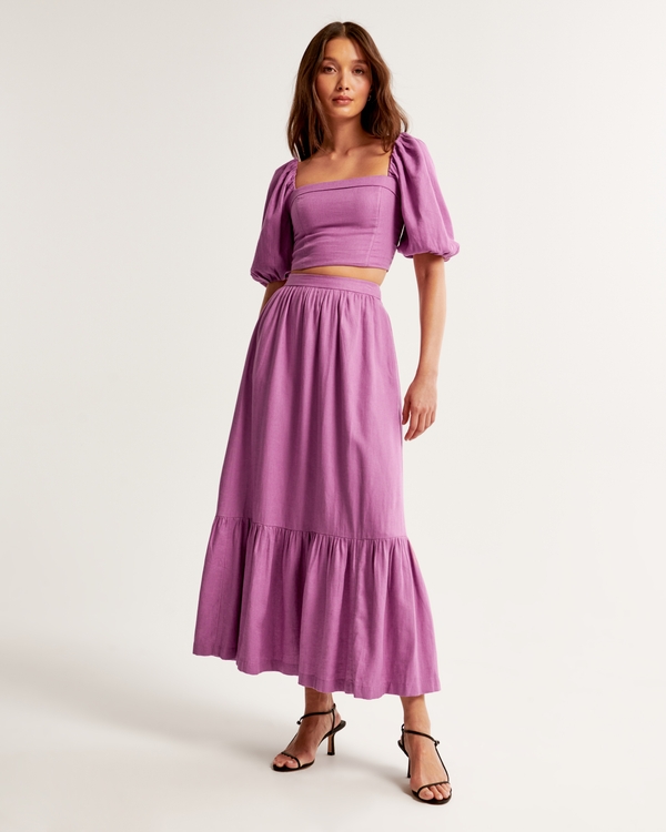 Linen-Blend Tiered Midi Skirt, Purple