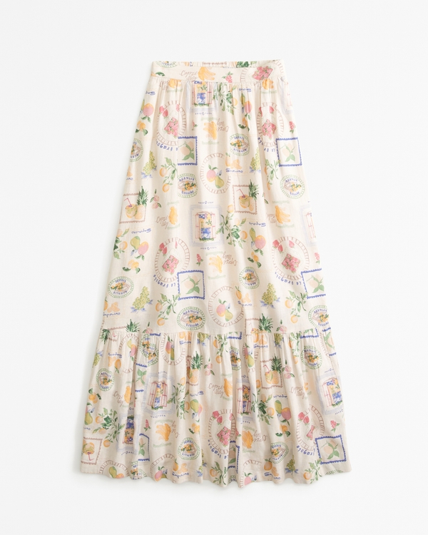 Linen-Blend Tiered Midi Skirt, Cream Pattern