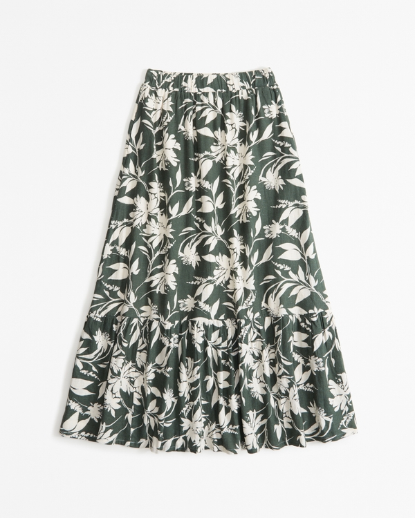 Linen-Blend Tiered Maxi Skirt, Green Floral