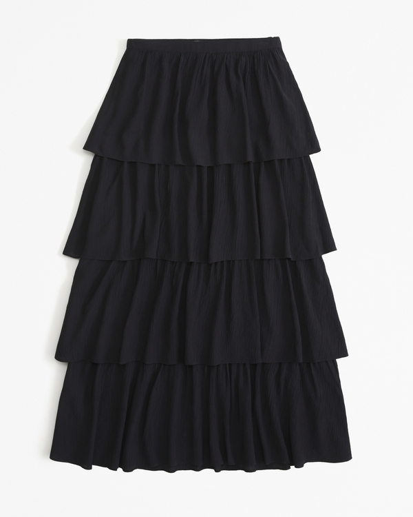 Tiered Crinkle Textured Maxi Skirt, Black