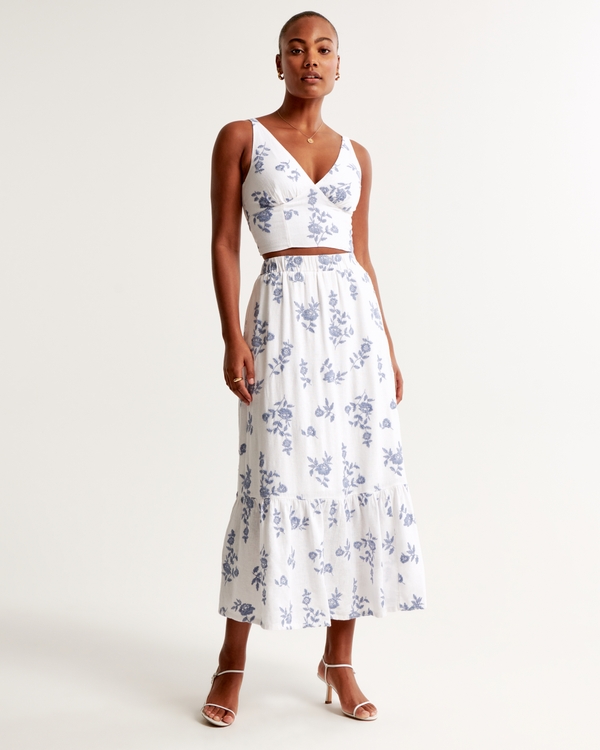Linen-Blend Embroidered Tiered Maxi Skirt, White Floral