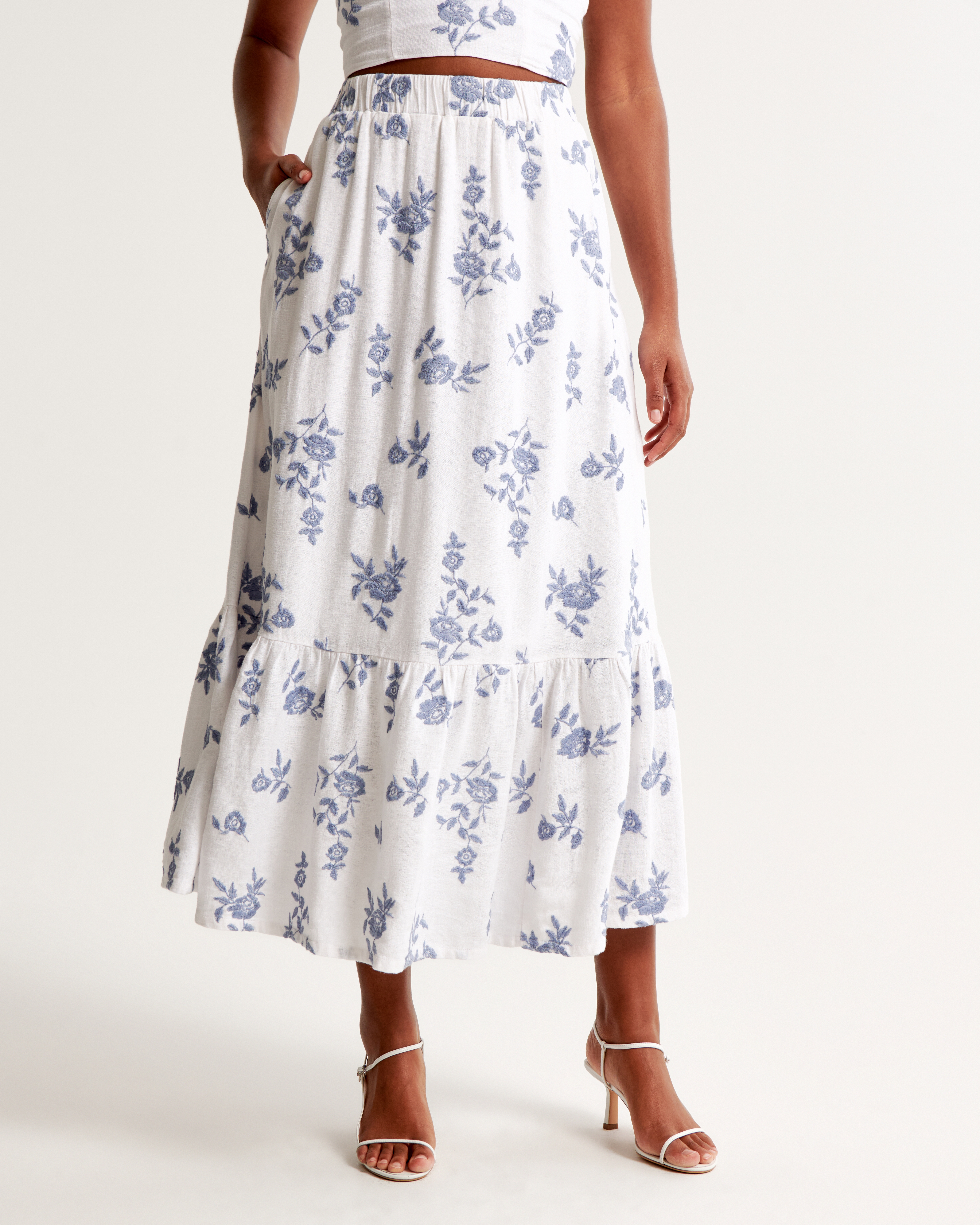 Women's Linen-Blend Embroidered Tiered Maxi Skirt | Women's