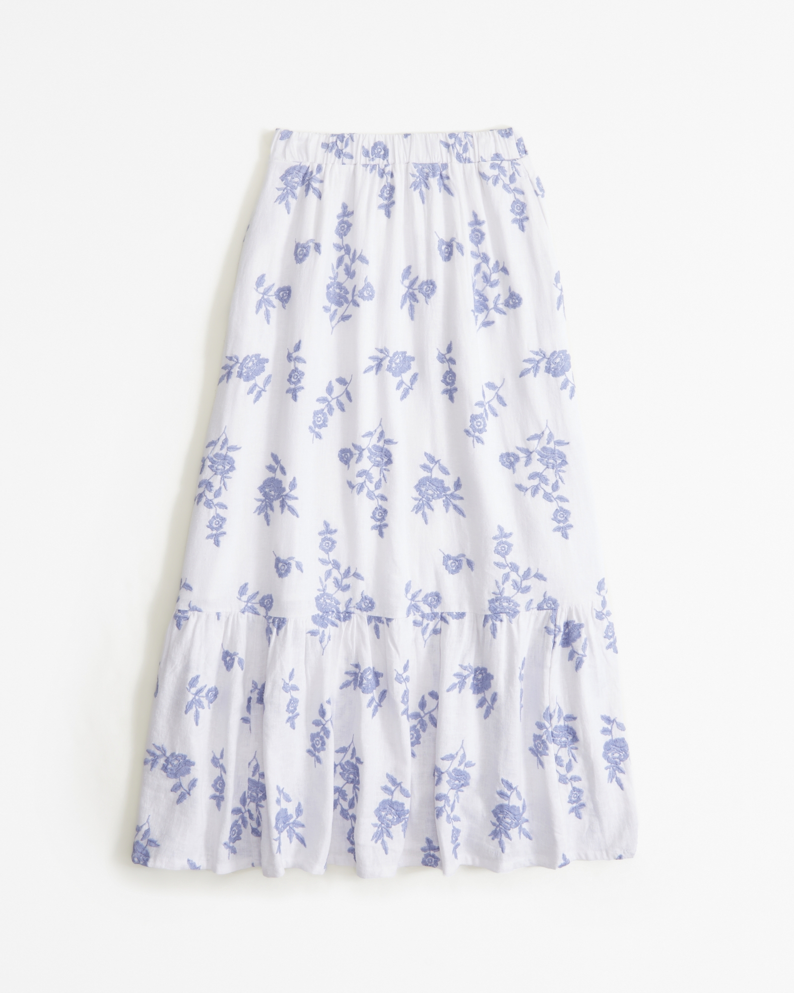 Linen-Blend Embroidered Tiered Maxi Skirt