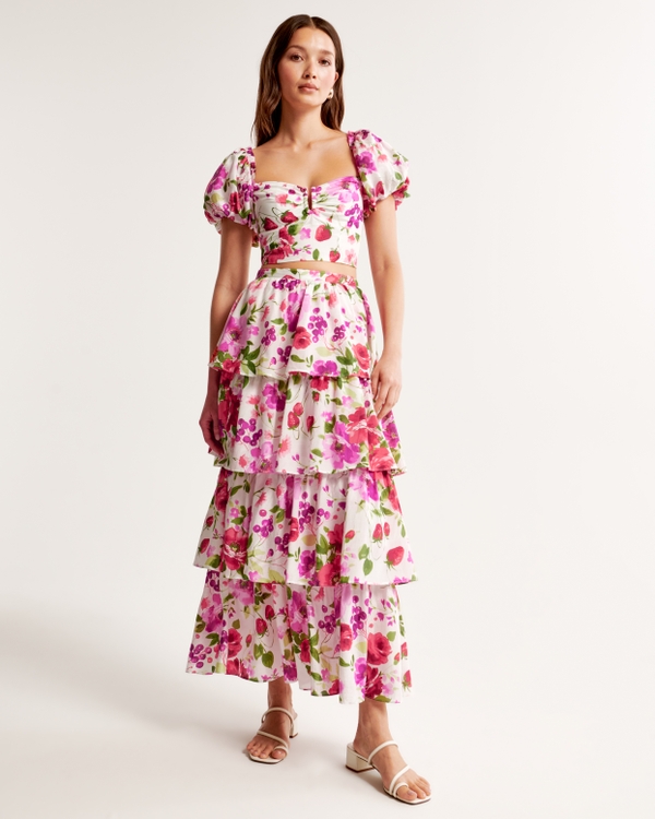 Drama Tiered Maxi Skirt, Pink Floral