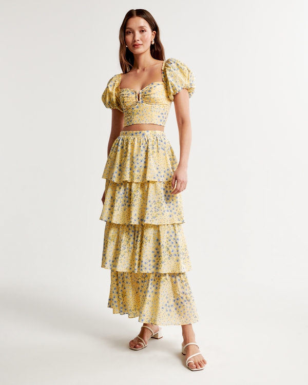 Drama Tiered Maxi Skirt, Yellow Floral
